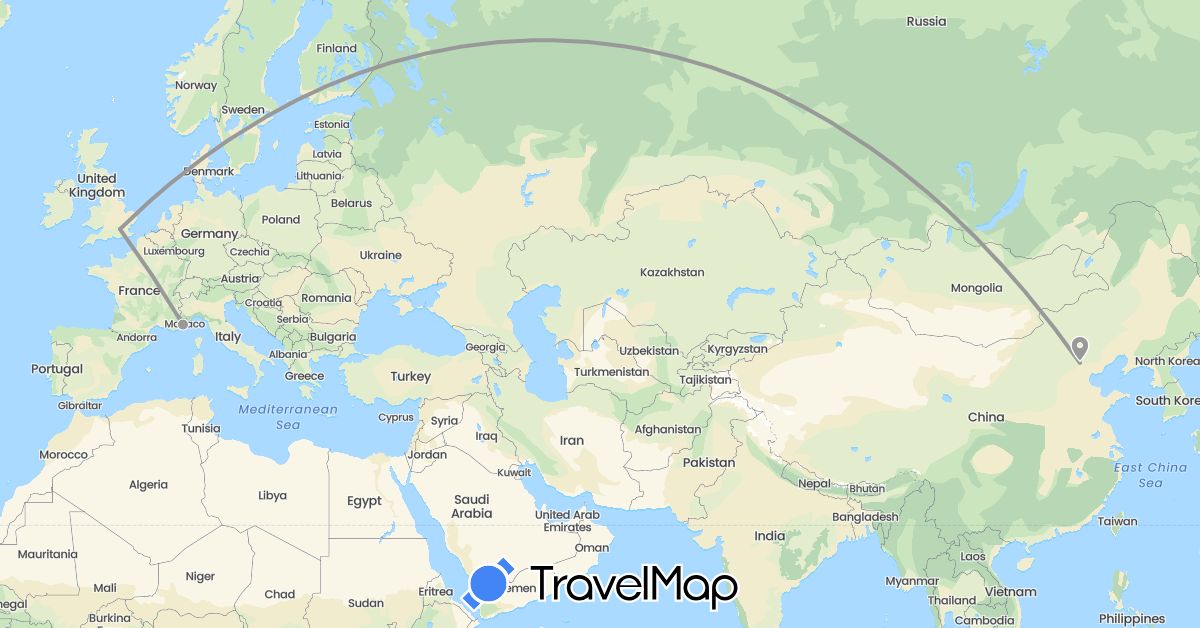 TravelMap itinerary: driving, plane in China, France, United Kingdom (Asia, Europe)